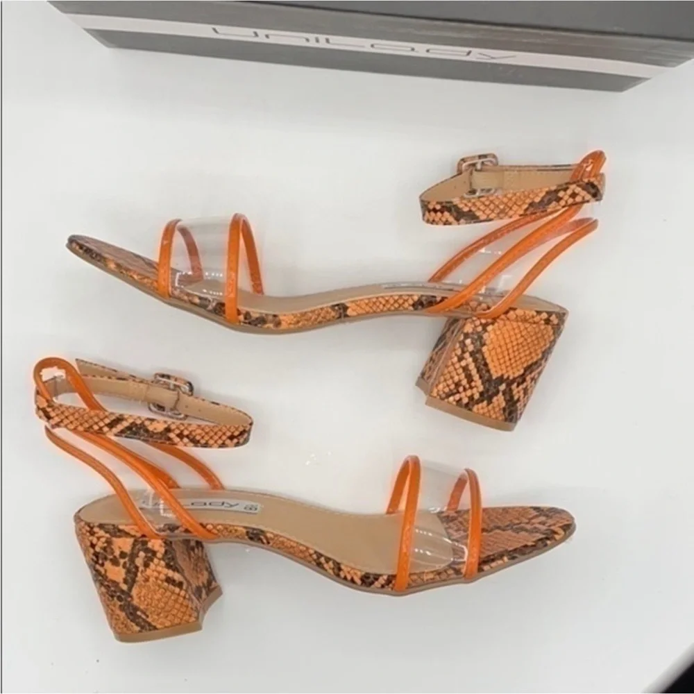 UNILADY Neon Orange Snake Ada block heel sandals